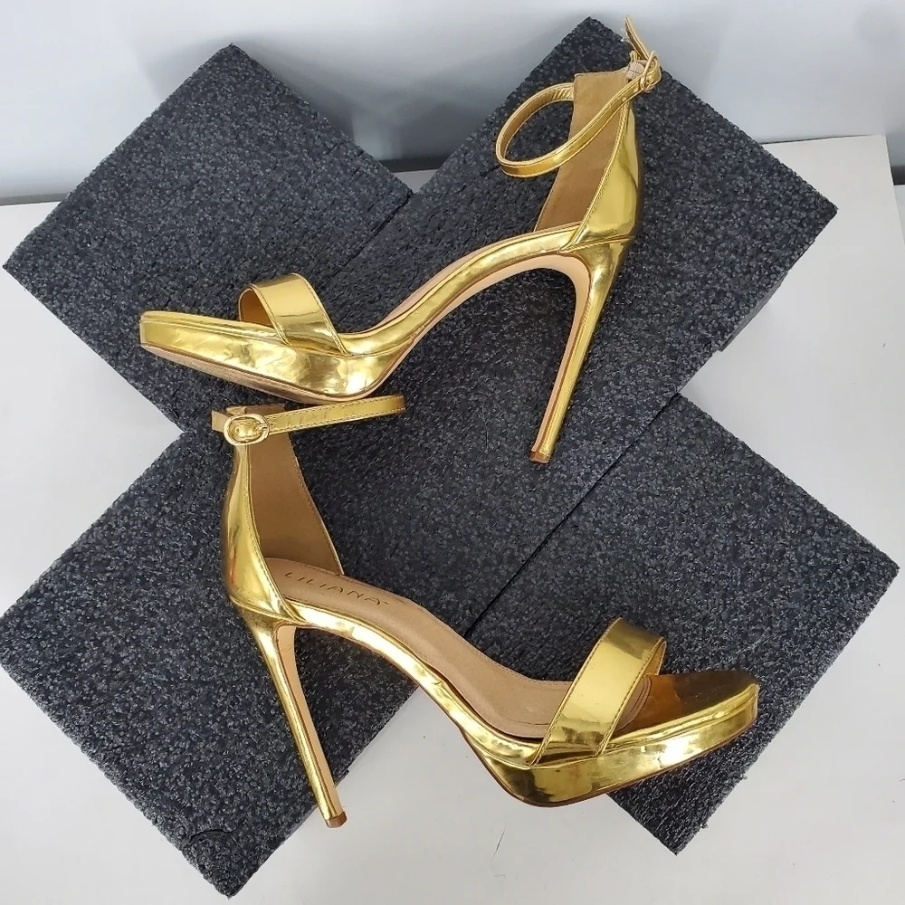 Liliana Metallic Gold Ankle-Strap Stiletto Heels - Picture 10 of 13